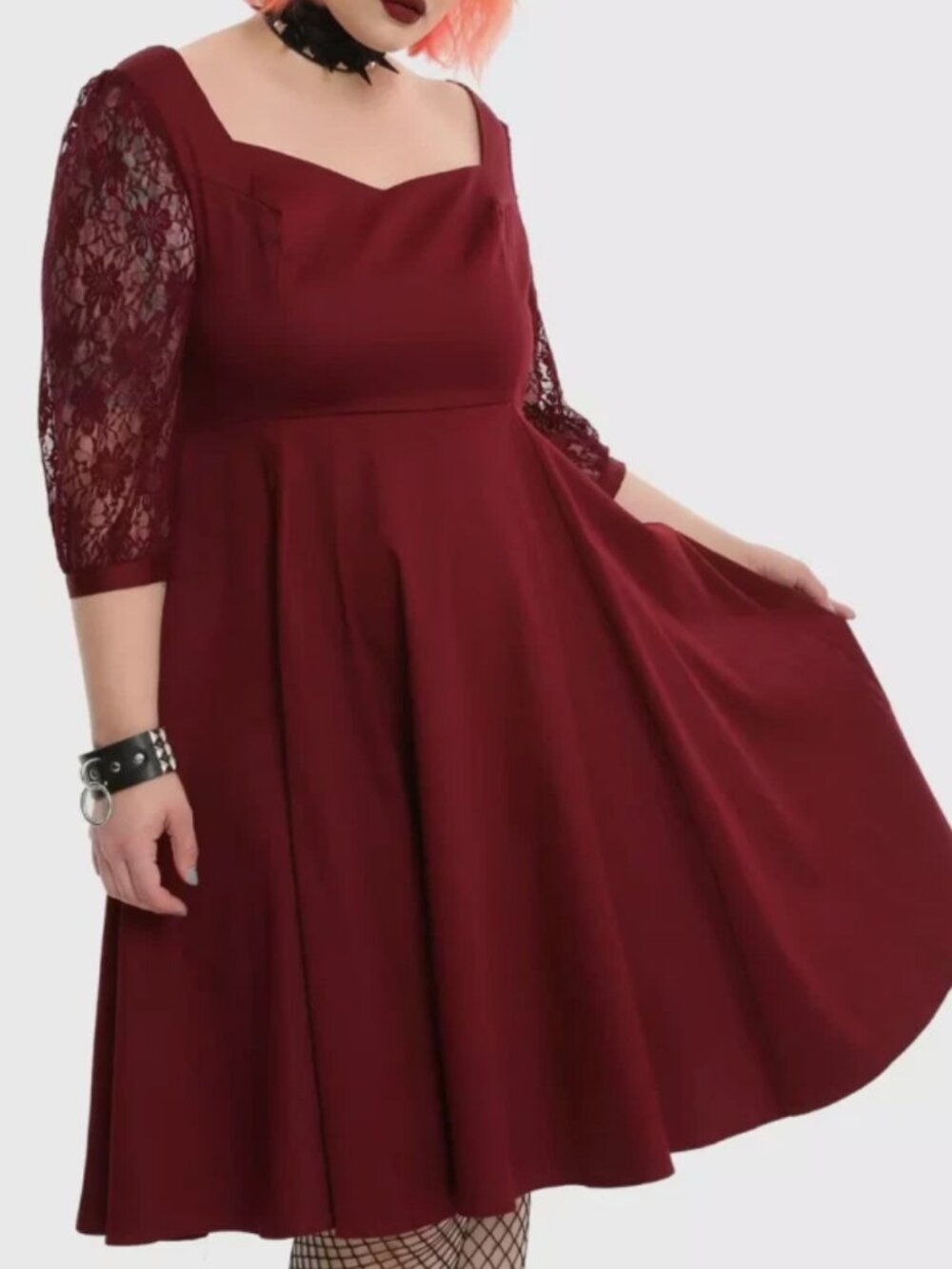 Hearts & Roses Burgundy Lace Sleeve Swing Dress 3X Retro Gothic Hot Topic